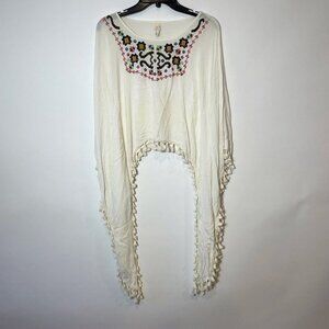 Anthro RAGA Sedona Tunic‎ Flared Sleeve Boho Top XS White Embroidered Fringe